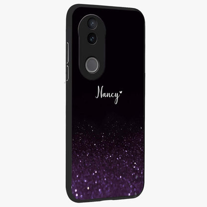 Glittery Purple Bokeh Custom Name Glass Case upright view showcasing vibrant purple sparkle artwork with personalized aesthetic style.