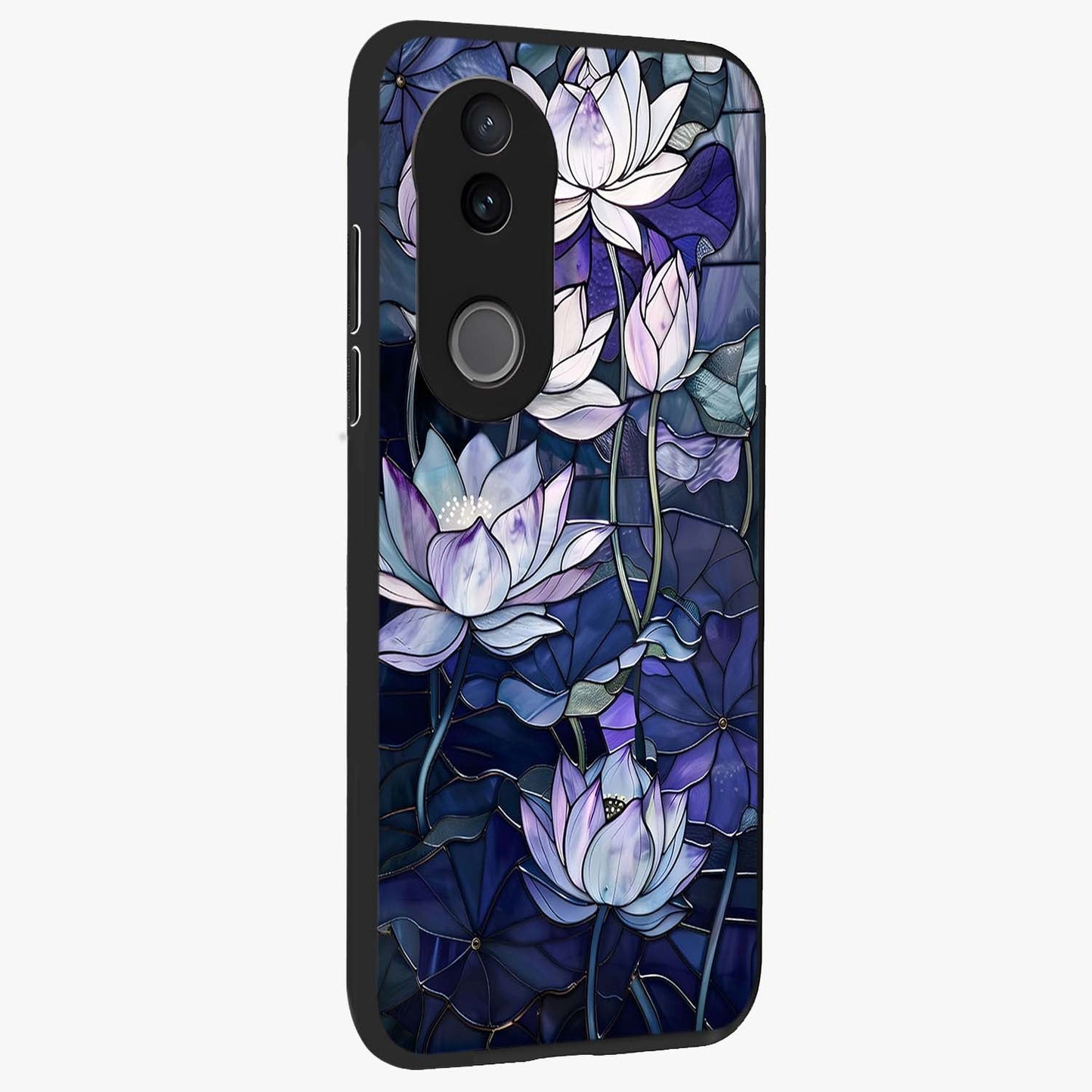 Gloss Petal Rush Glass Case upright view showcasing dynamic floral petal artwork with modern botanical theme.