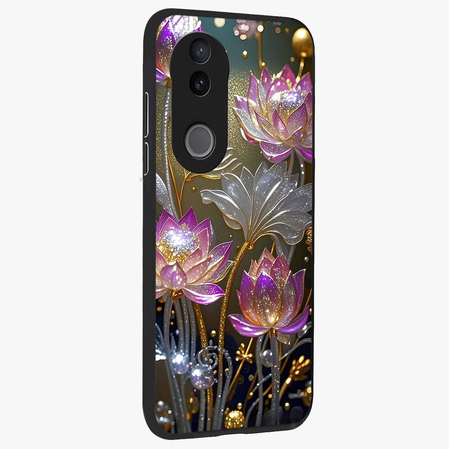 Golden Floral Majesty Glass Case upright view showcasing majestic floral artwork with rich decorative theme.