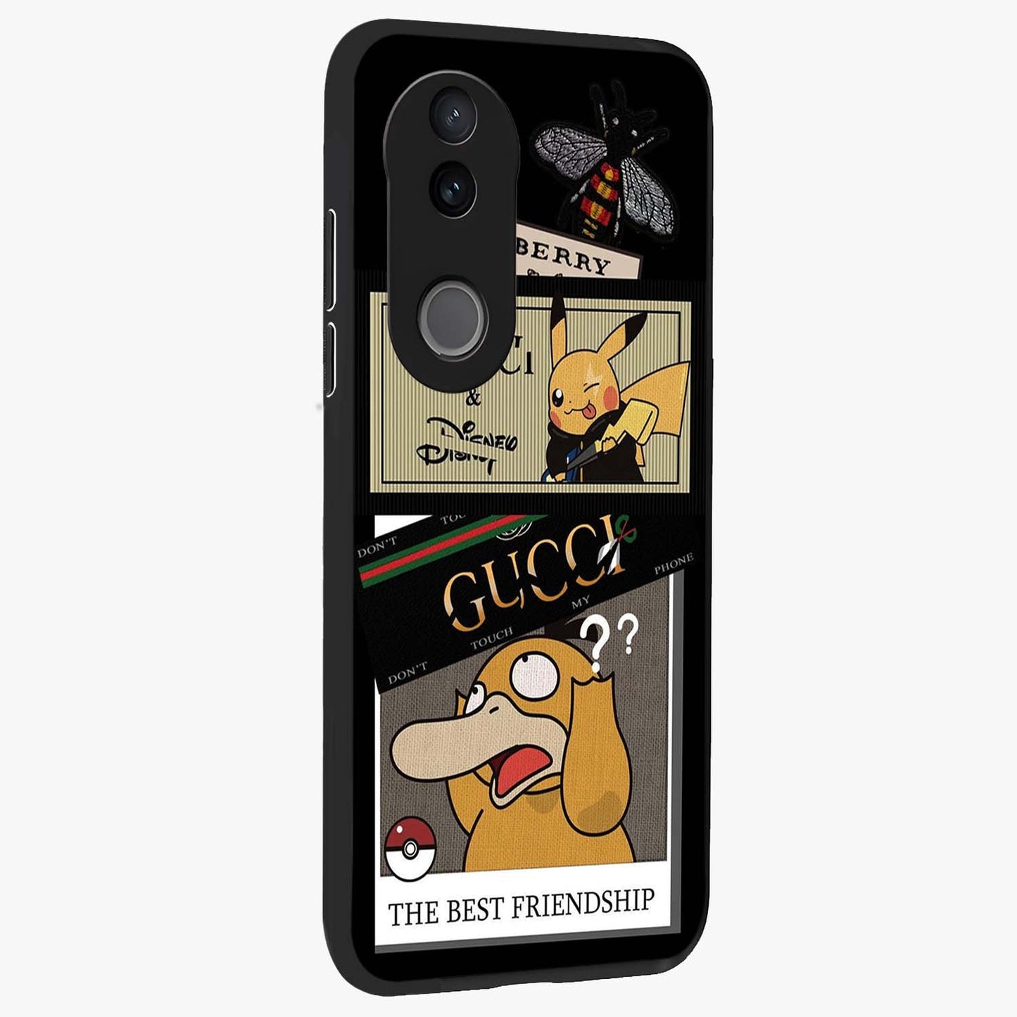 Gucci Play Mashup Glass Case upright view showcasing trendy luxury inspired artwork with modern fashion theme.