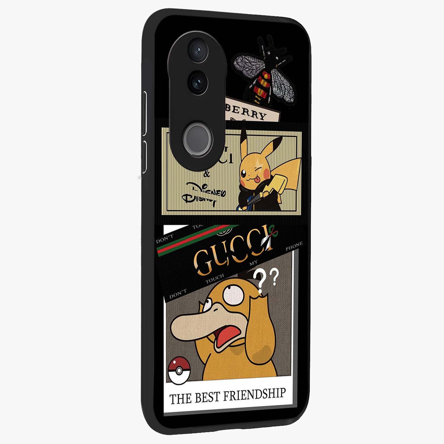 Gucci Play Mashup Glass Case upright view showcasing trendy luxury inspired artwork with modern fashion theme.