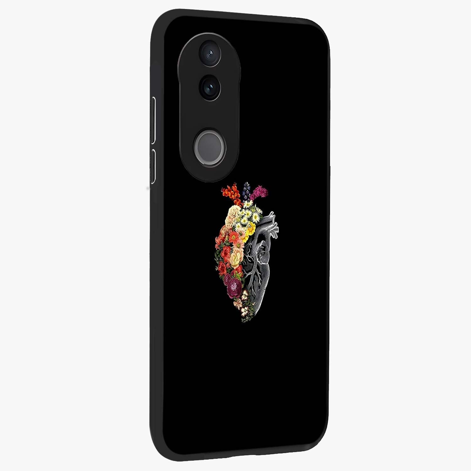 Heart With Flowers Glass Case upright view showcasing decorative heart and floral artwork with sweet romantic theme.