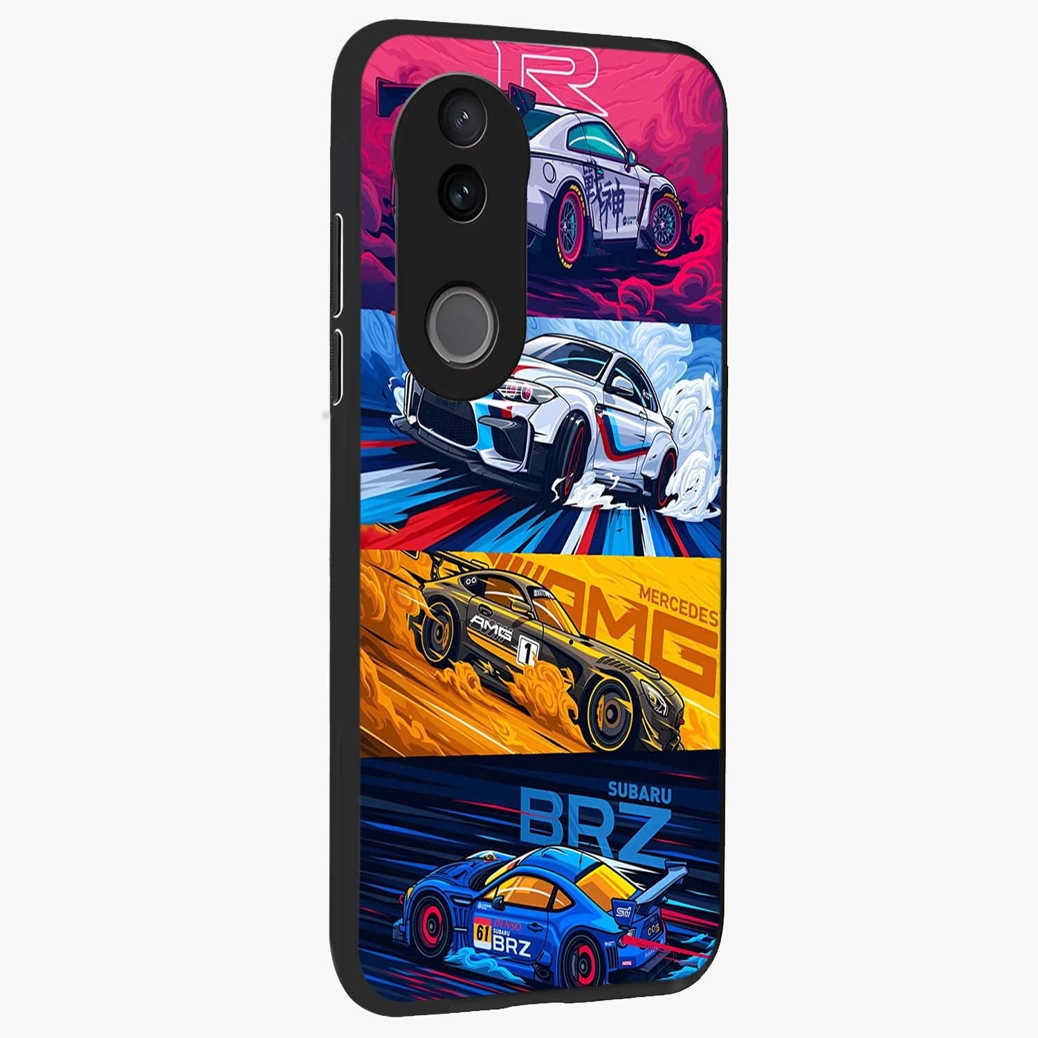 JDM Sports Car Glass Case upright view showcasing dynamic sports car artwork with bold racing theme.