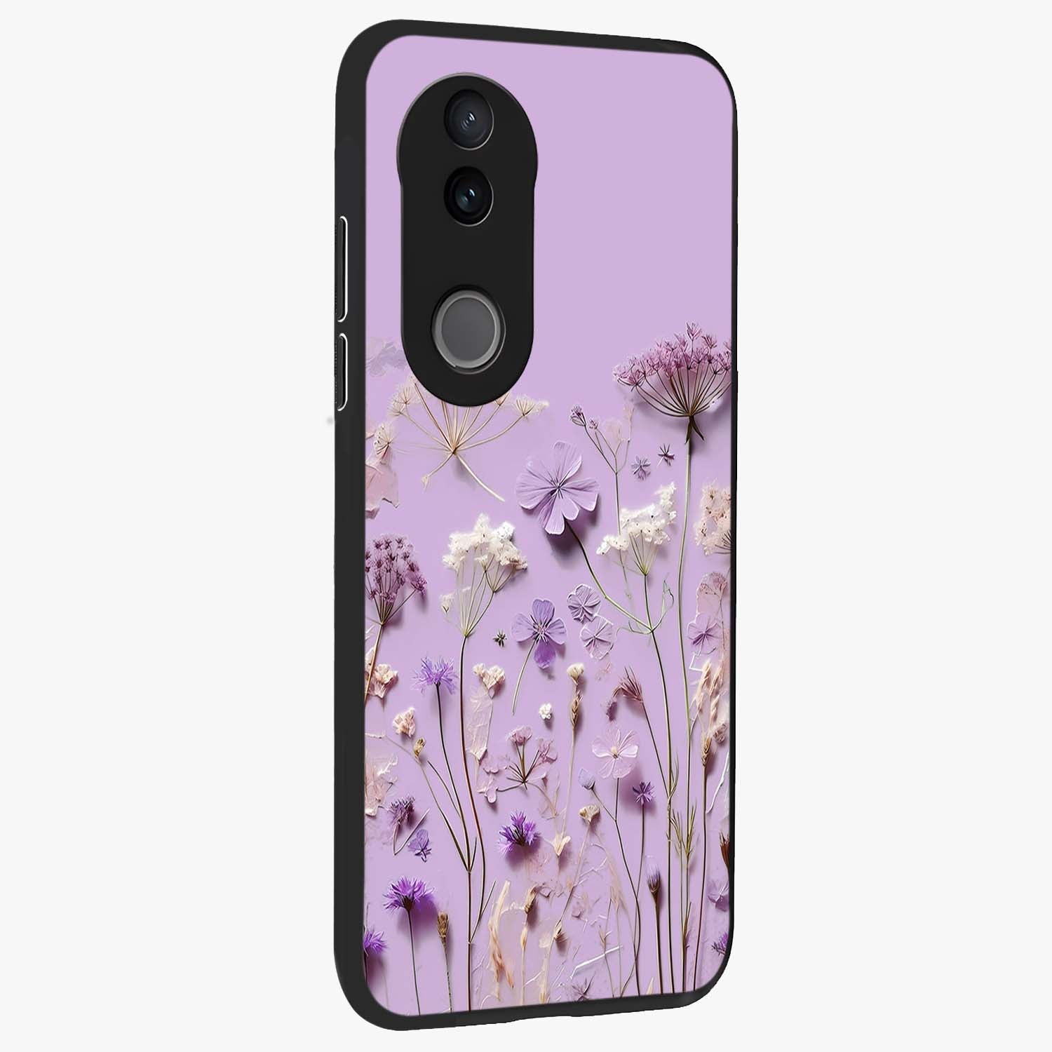 Lavender Blossom Dream Glass Case upright view showcasing delicate lavender blossom artwork with peaceful floral theme.