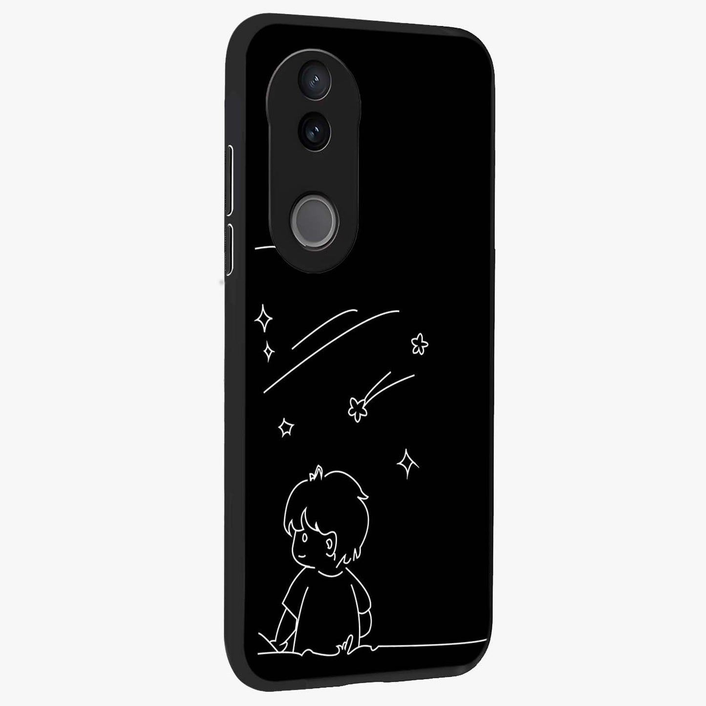 Line Art Boy With Shooting Stars Glass Case upright view showcasing artistic shooting star illustration with minimal style.