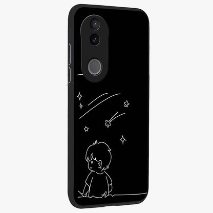 Line Art Boy With Shooting Stars Glass Case upright view showcasing artistic shooting star illustration with minimal style.