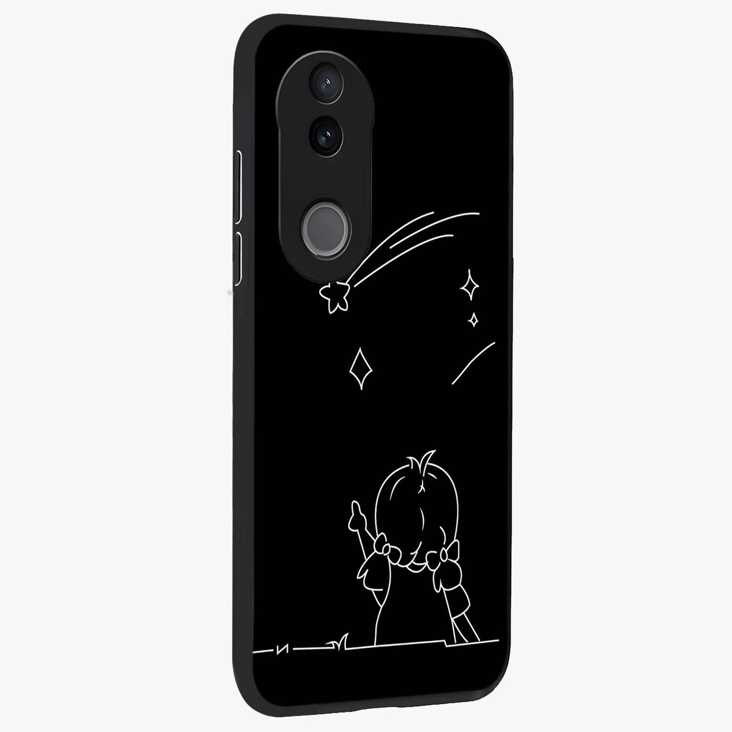 Line Art Girl With Shooting Stars Glass Case upright view showcasing delicate shooting stars artwork with minimal artistic theme.