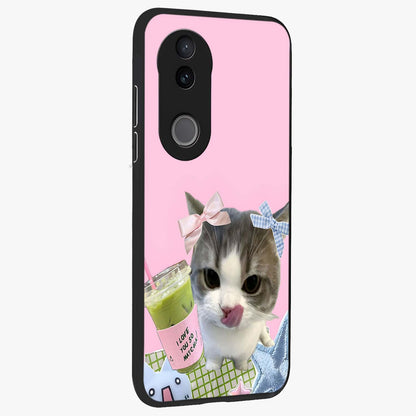 Love Matcha Cat Glass Case upright view showcasing adorable cat artwork with charming matcha themed design.