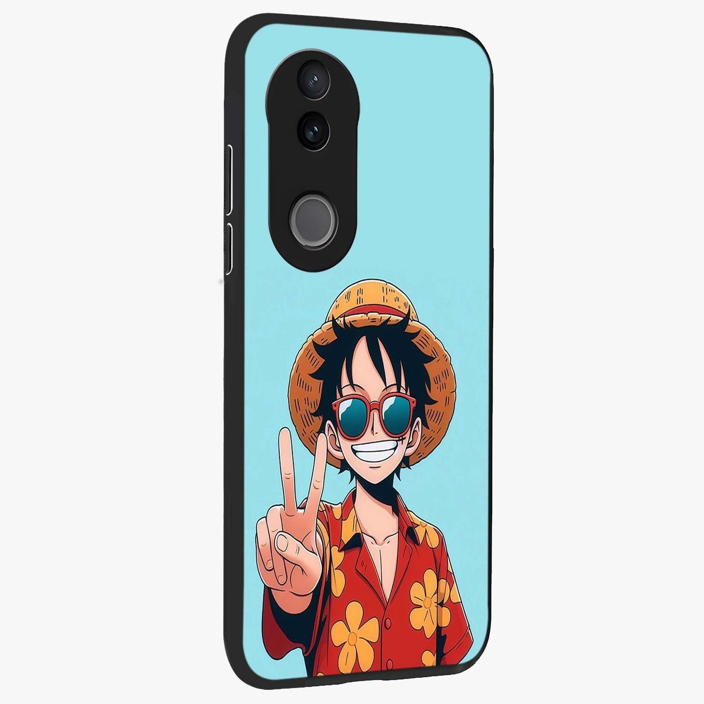 Luffy Summer Anime Vibe Glass Case upright view showcasing dynamic anime artwork with bright adventurous theme.