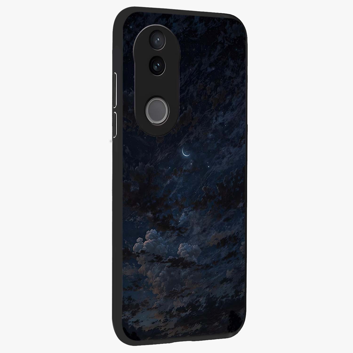 Lunar Veil Silence Glass Case upright view showcasing calm moon themed artwork with serene night atmosphere.