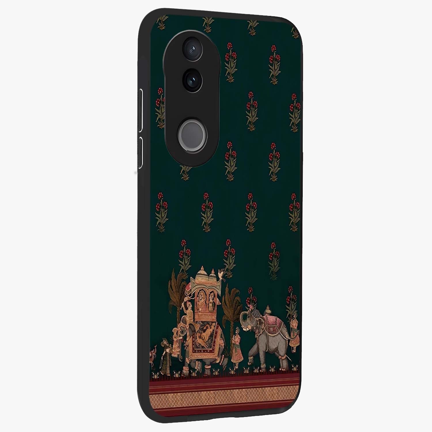 Macmerise Glass Case upright view showcasing bold artistic artwork with contemporary design theme.