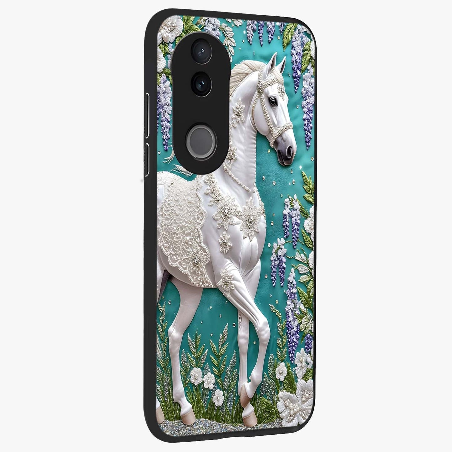 Majestic Floral Stallion Glass Case upright view showcasing dramatic horse artwork with decorative floral theme.