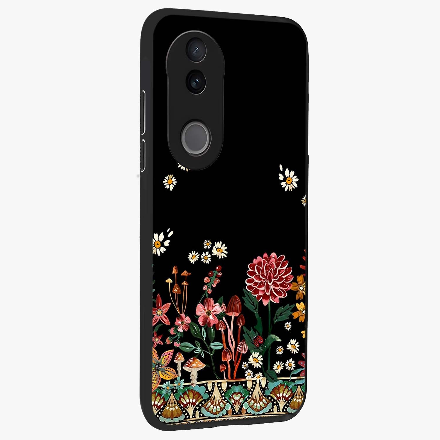 Midnight Bloom Pattern Glass Case upright view showcasing decorative floral artwork with deep night themed palette.