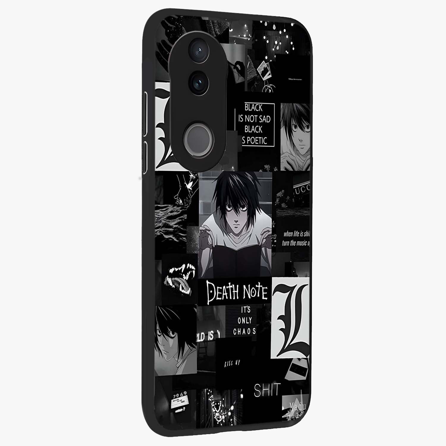 Midnight Chaos Mind Glass Case upright view showcasing expressive abstract artwork with bold dark theme.