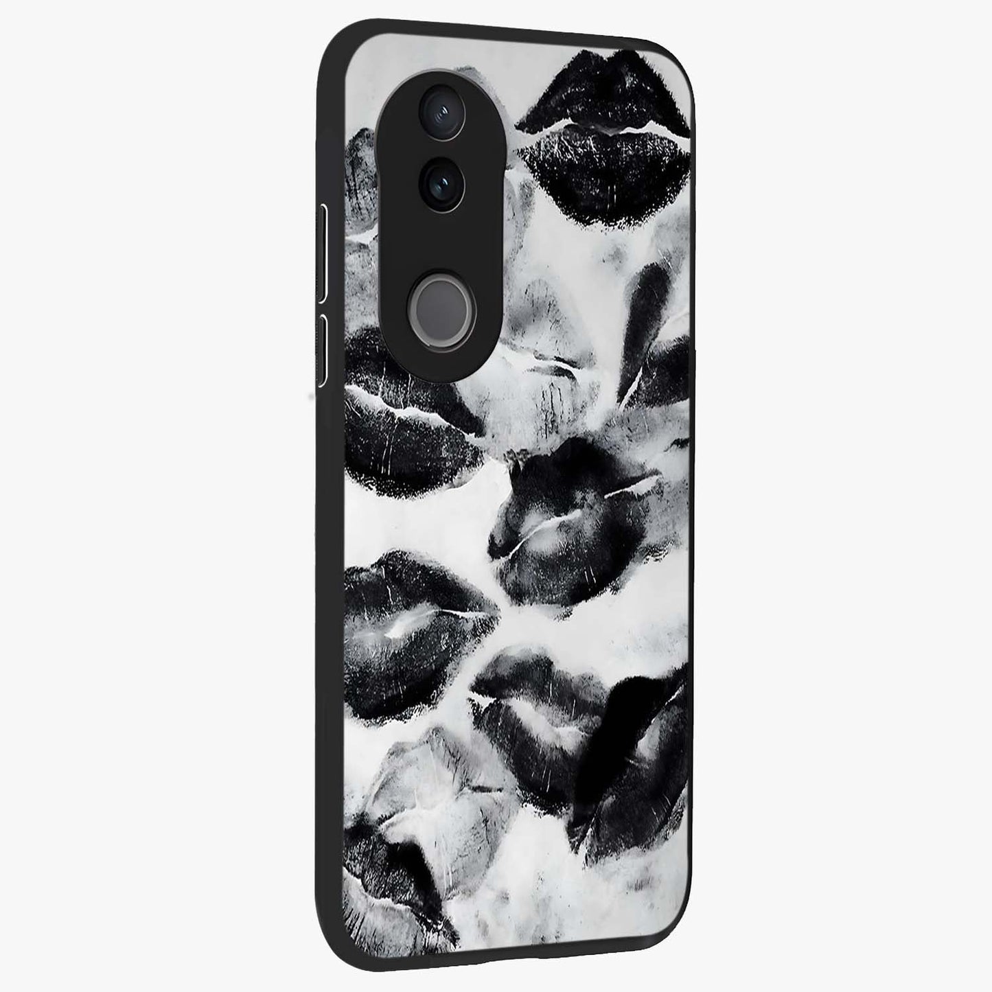 Midnight Kiss Marks Glass Case upright view showcasing stylish kiss mark artwork with trendy romantic theme.