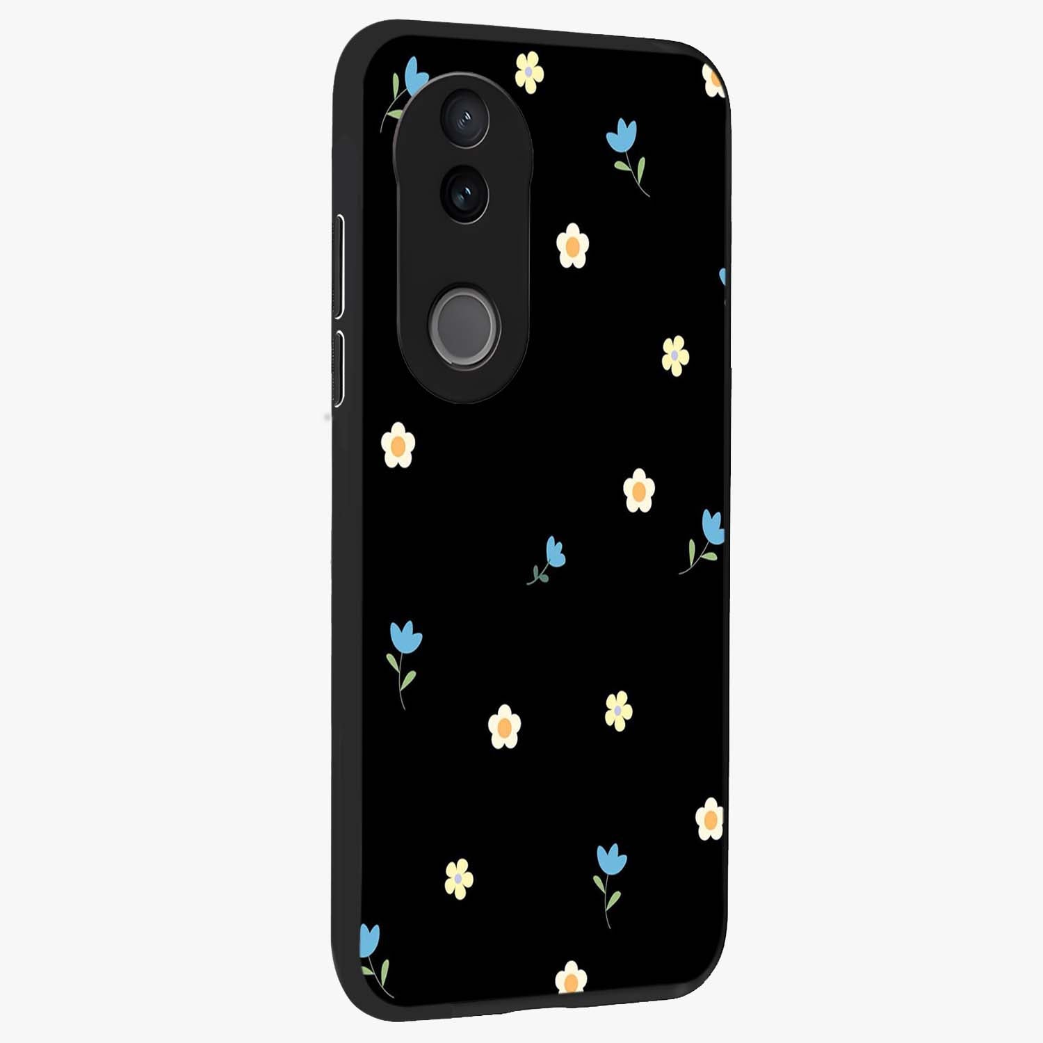 Minimal Petal Whispers Glass Case upright view showcasing elegant floral artwork with modern minimalist style.