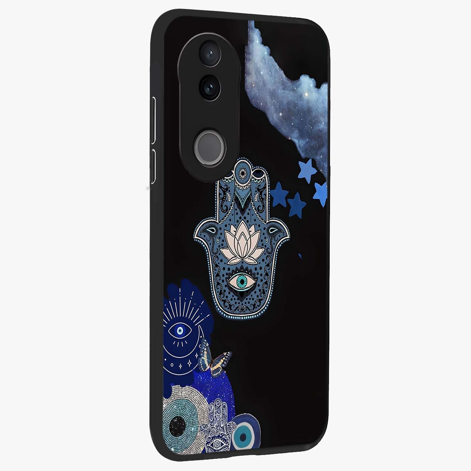 Mystic Hand Aura Glass Case upright view showcasing symbolic hand artwork with mystical energy theme.