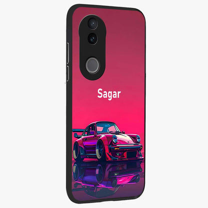 Neon Pink Porsche Glass Case upright view showcasing vibrant sports car artwork with bold automotive theme.