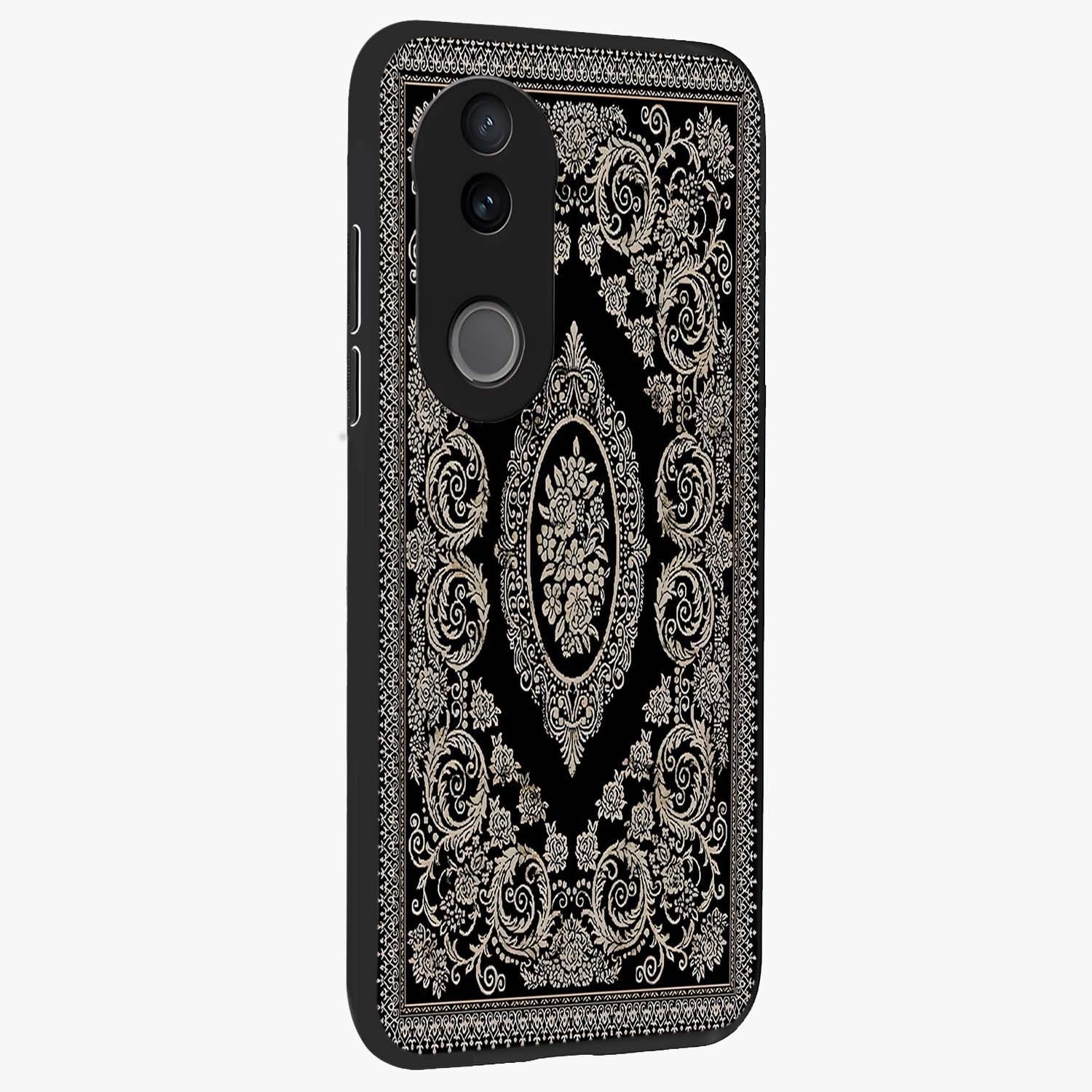 Noir Bloom Elegance Glass Case upright view showcasing graceful floral artwork with luxurious dark theme.