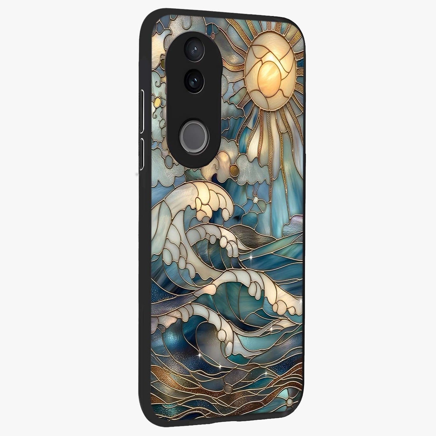 Oceanic Stained Printed Glass Case upright view showcasing decorative ocean pattern artwork with vibrant marine theme.