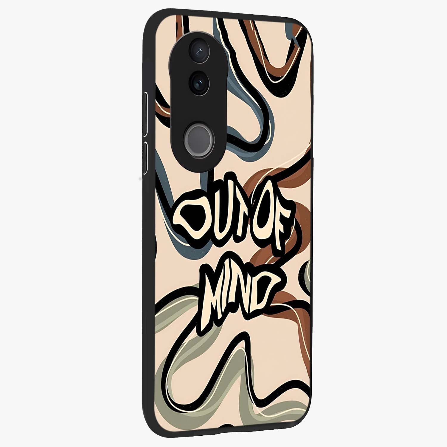 Out Of Mind Glass Case upright view showcasing striking typography artwork with edgy conceptual theme.