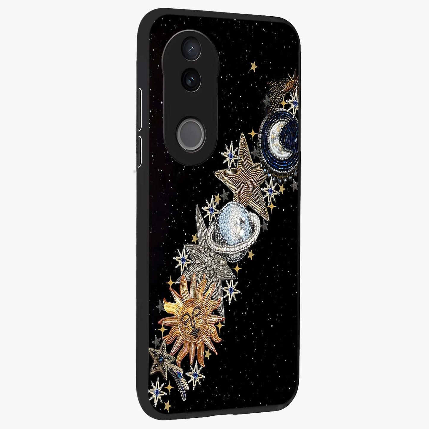 Pearls Universe Object Glass Case upright view showcasing decorative pearl themed artwork with cosmic elegance.