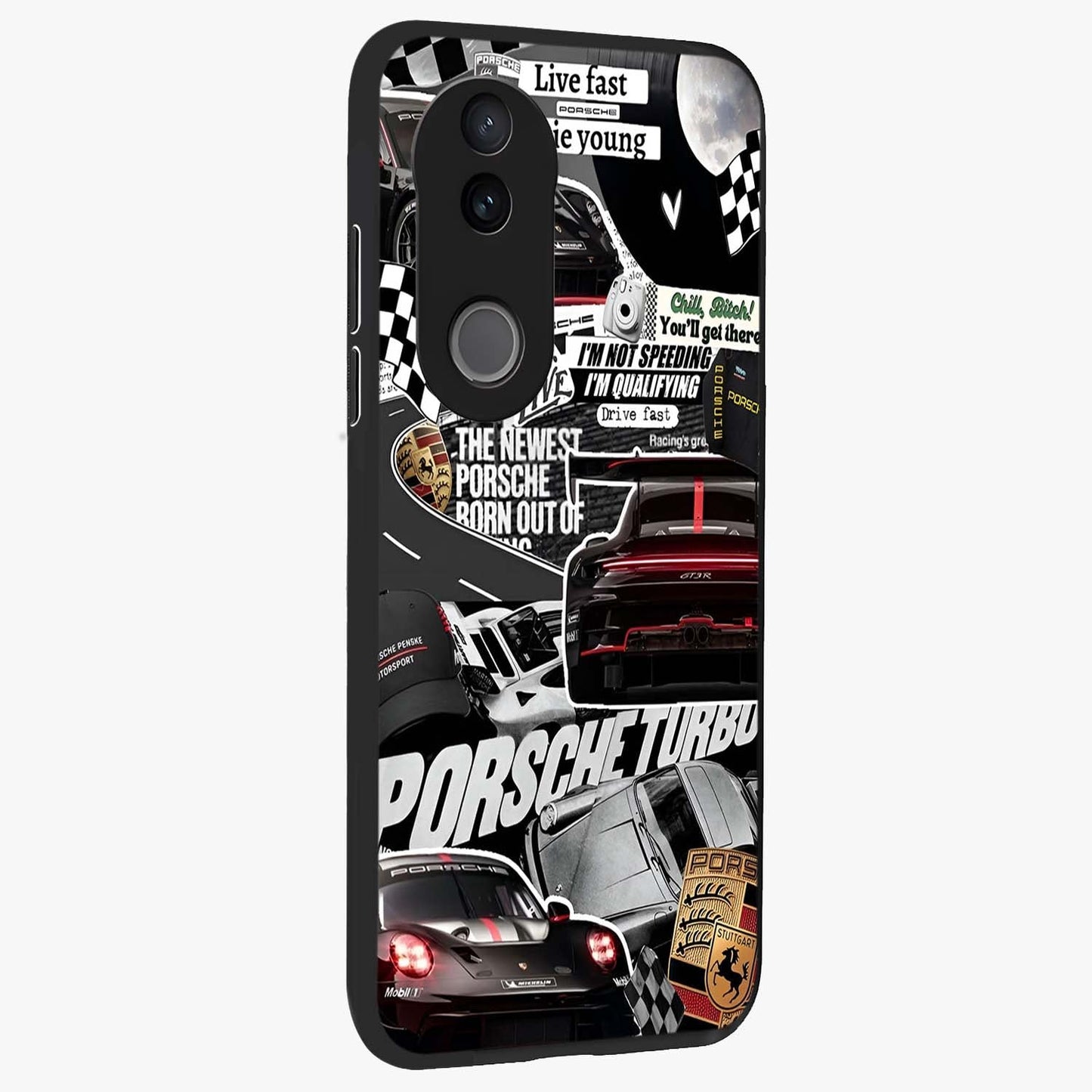 Porsche Racing Collage Glass Case upright view showcasing energetic car collage artwork with high speed racing theme.