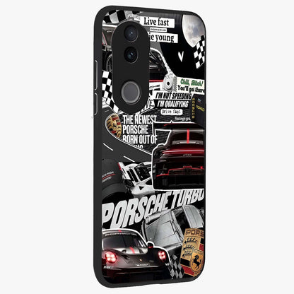 Porsche Racing Collage Glass Case upright view showcasing energetic car collage artwork with high speed racing theme.