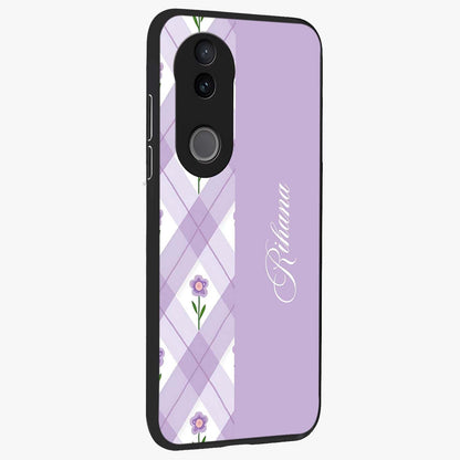 Purple Diamond Floral Glass Case upright view showcasing vibrant floral artwork with stylish geometric theme.