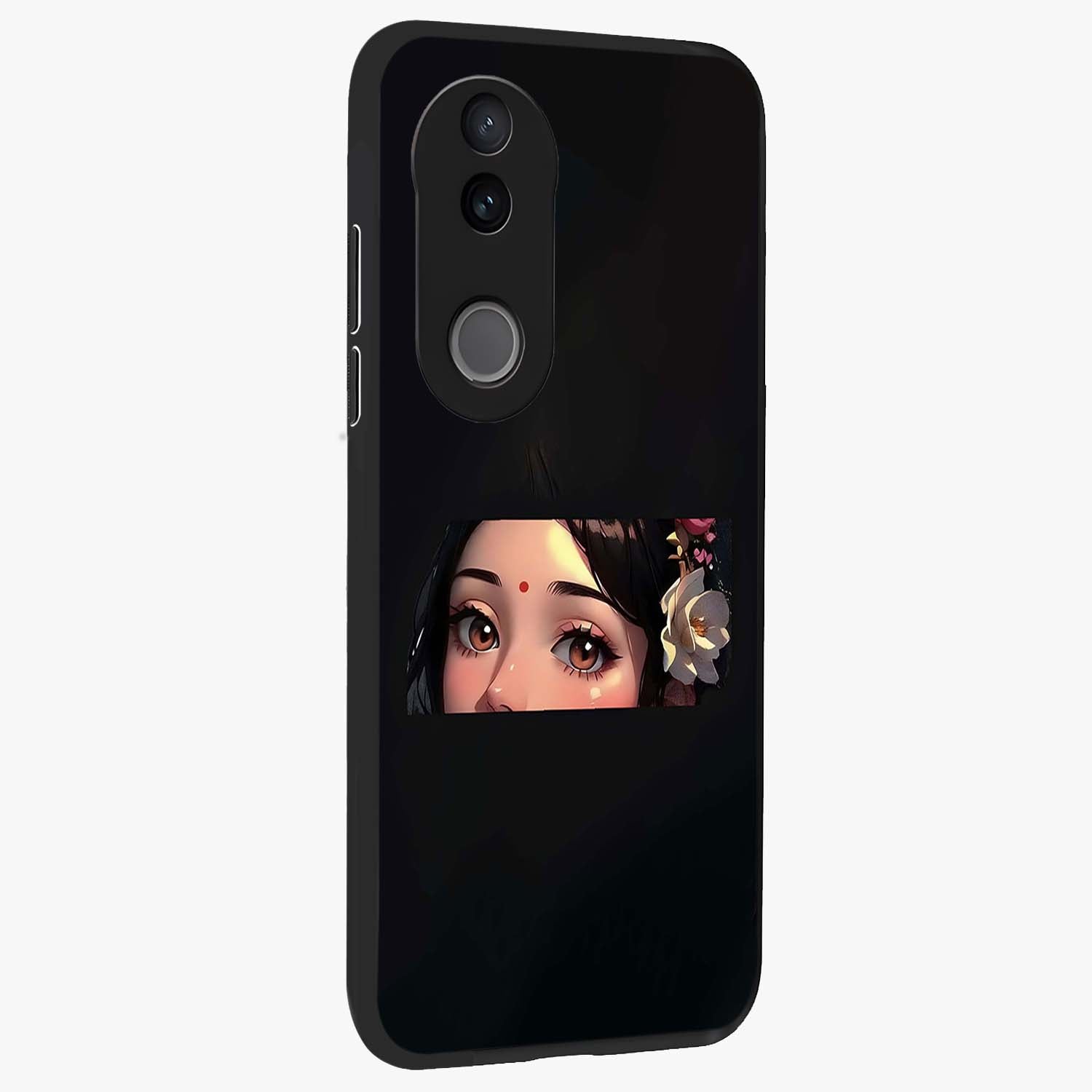 Radha Divine Embrace Glass Case upright view showcasing sacred Radha themed artwork with peaceful devotional style.