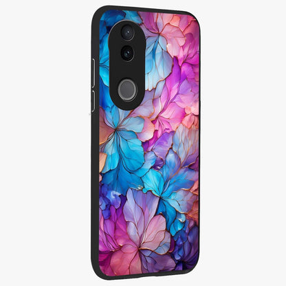Radiant Floral Whirl Glass Case upright view showcasing lively floral artwork with decorative swirl theme.