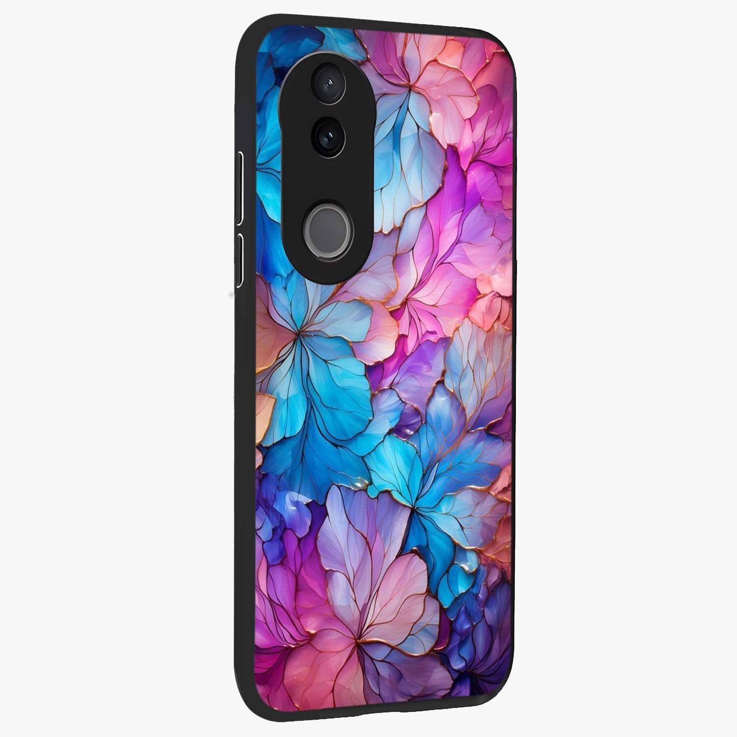Radiant Floral Whirl Glass Case upright view showcasing lively floral artwork with decorative swirl theme.