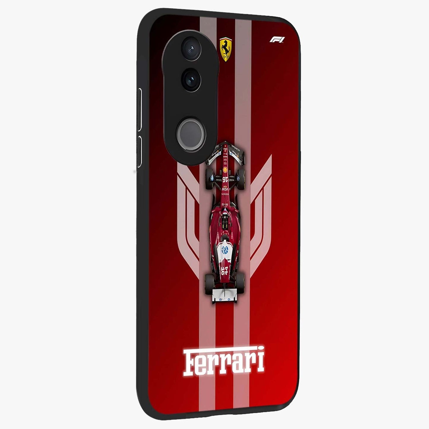 Red Ferrari F1 Vertical Glass Case upright view showcasing powerful Formula car artwork with dynamic motorsport theme.