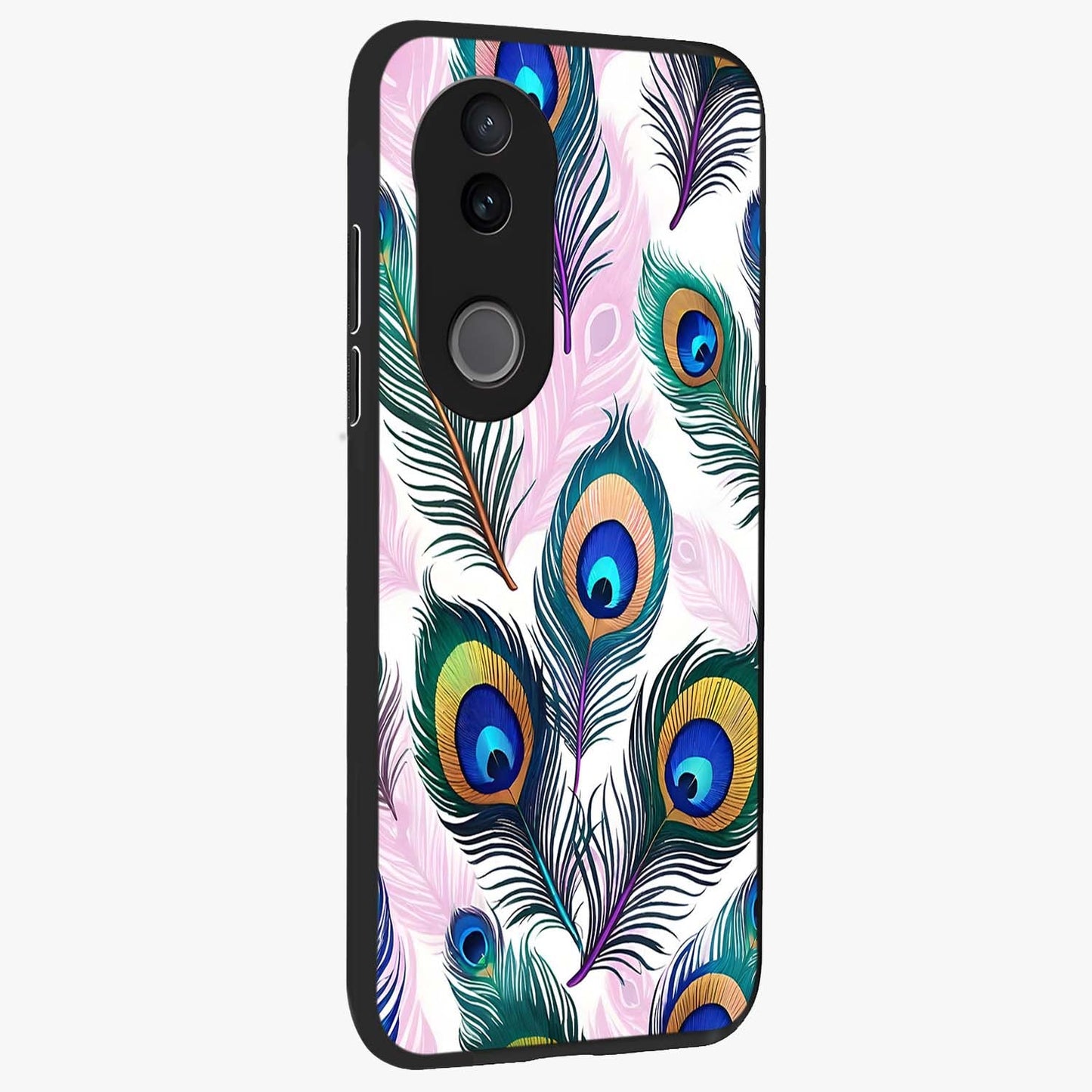 Royal Peacock Feathers Glass Case upright view showcasing elegant peacock feather artwork with decorative royal theme.