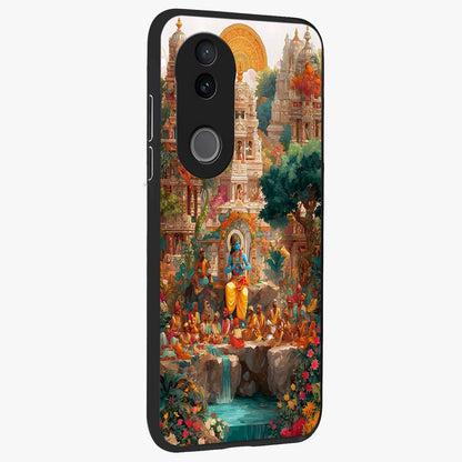 Sacred Sunlight Gods Glass Case upright view showcasing glowing divine artwork with sacred mythological theme.