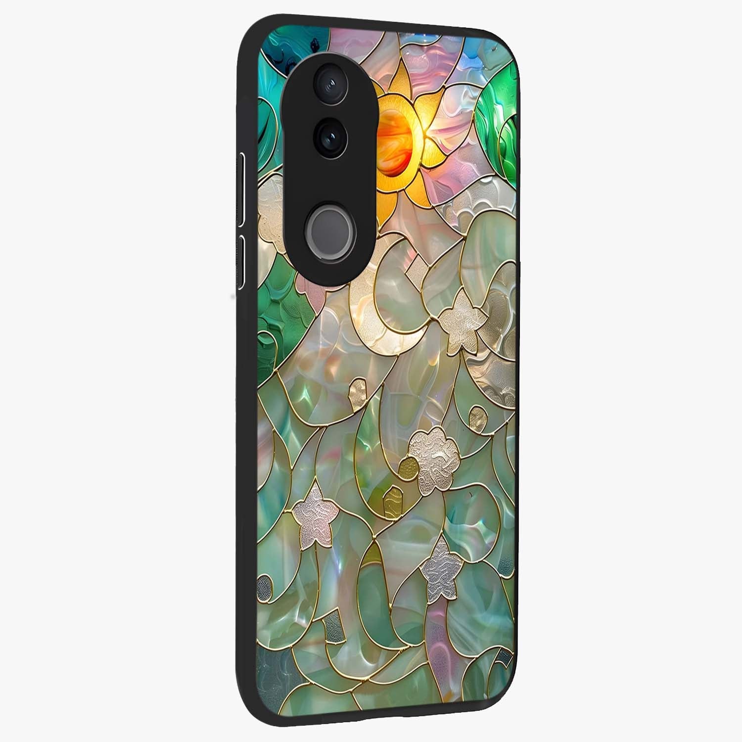 Stained Sunrise Glow Glass Case upright view showcasing colorful sunrise artwork with warm morning theme.