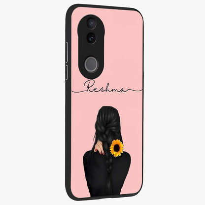 Sunflower Braid Beauty With Custom Name Glass Case upright view showcasing bright sunflower artwork with personalized floral aesthetic.