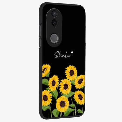 Sunflower Chic Mood Custom Name Glass Case upright view showcasing cheerful sunflower artwork with trendy floral theme.