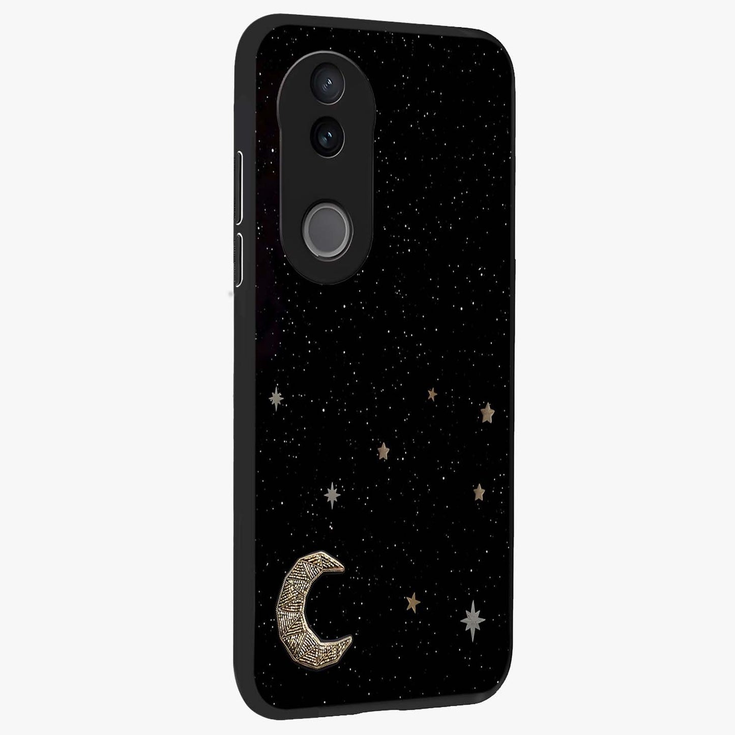Twinkle Star With Half Moon Glass Case upright view showcasing glowing cosmic artwork with dreamy night theme.