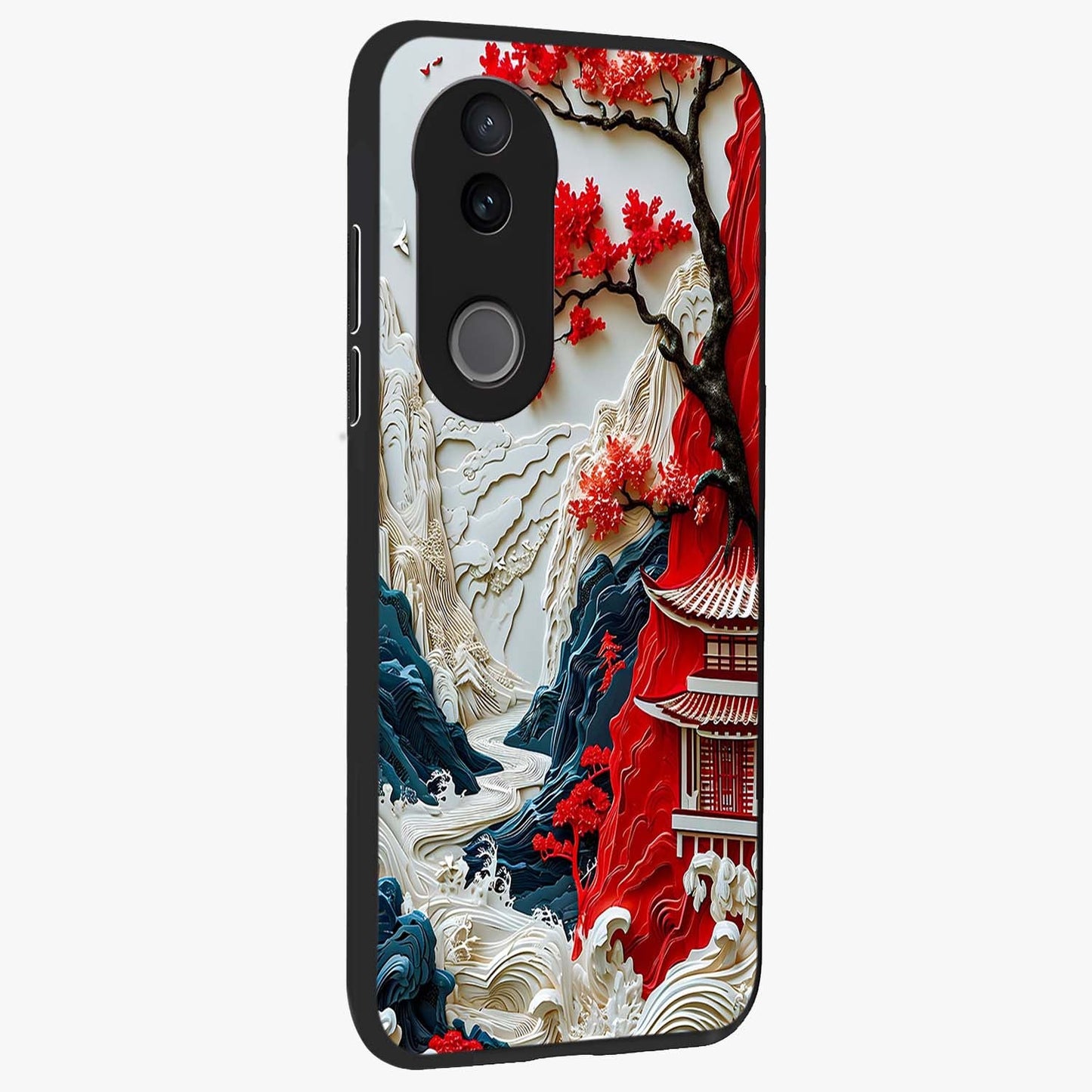 Whispers Of Sakura Waves Glass Case upright view showcasing delicate cherry blossom artwork with elegant nature theme.
