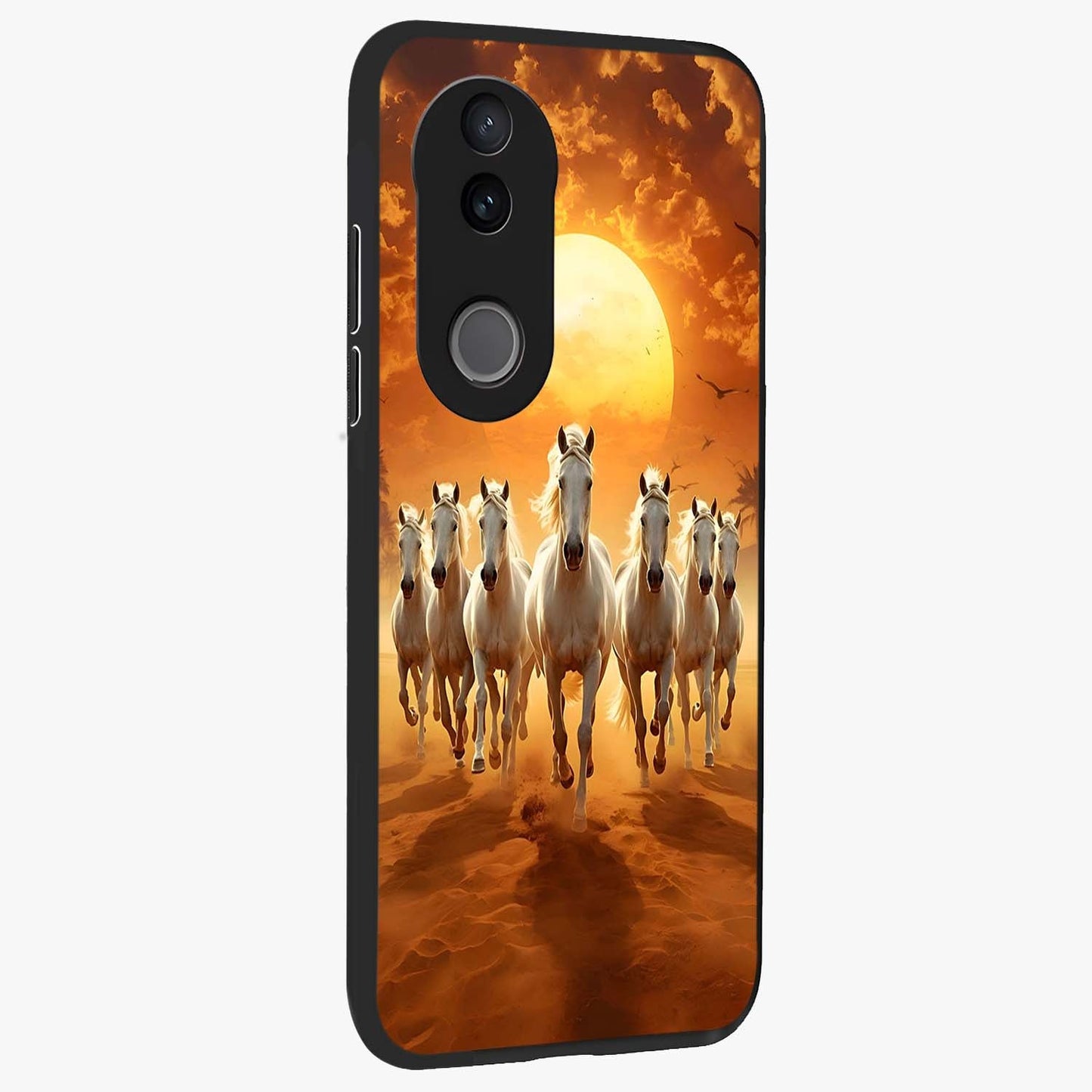 Wild Sunset Majesty Glass Case upright view showcasing dramatic sunset artwork with bold nature theme.