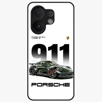 911 Turbo Dominance Glass Case showing clean flat back view with bold 911 sports car artwork and glossy glass finish.
