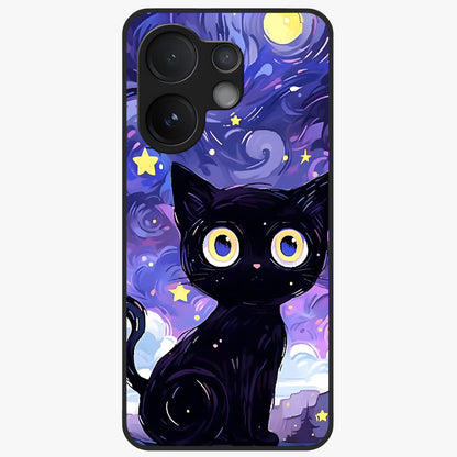 Abstract Cat Art Glass Case showing flat back view with artistic cat illustration and glossy glass finish.