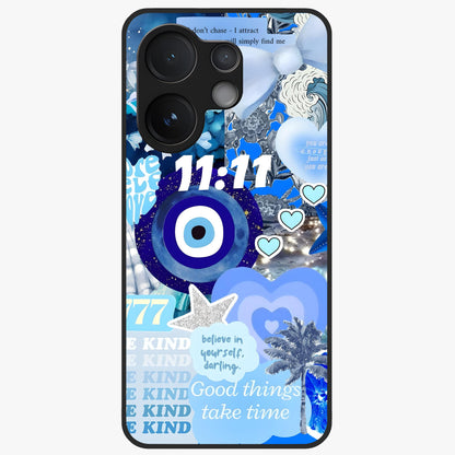 Aesthetic Be Kind Eye Glass Case showing flat back view with motivational eye artwork and glossy glass finish.