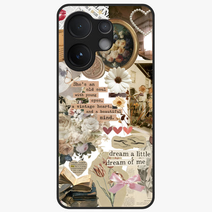 Aesthetic Brown Vintage Collage Glass Case showing flat back view with retro collage artwork and glossy glass finish.