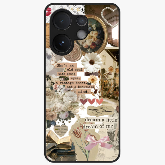 Aesthetic Brown Vintage Collage Glass Case showing flat back view with retro collage artwork and glossy glass finish.