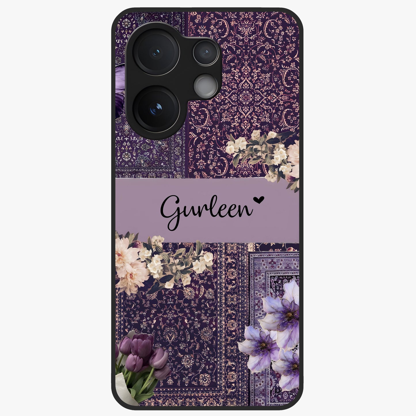 Antique Floral Whisper Custom Name Glass Case showing flat back view with vintage floral artwork and personalized name design.