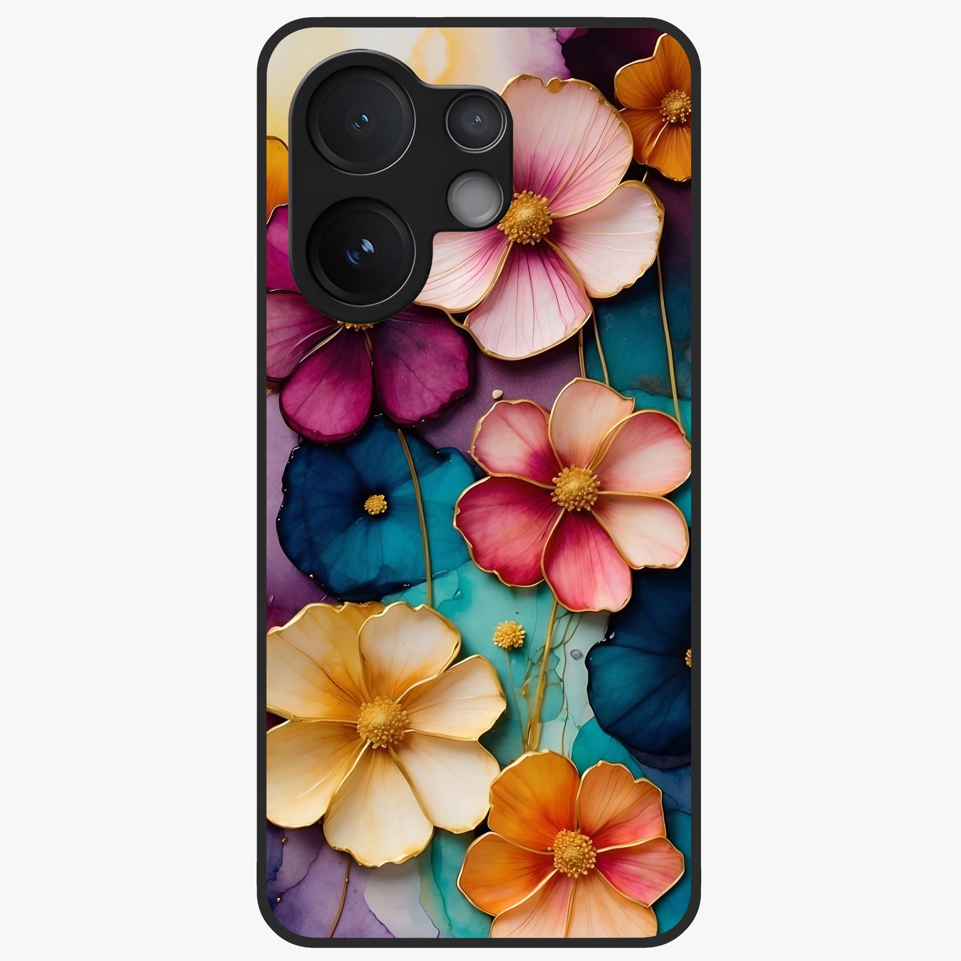 Artlyn Grace Flower Pattern Glass Case showing flat back view with elegant floral pattern artwork and glossy glass finish.