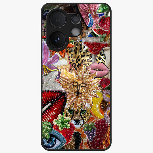 Beaded Fashion Jungle Glass Case showing flat back view with vibrant jungle inspired bead artwork and glossy glass finish.