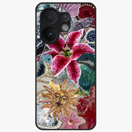 Beaded Garden Fantasy Glass Case showing flat back view with dreamy garden bead artwork and glossy glass finish.
